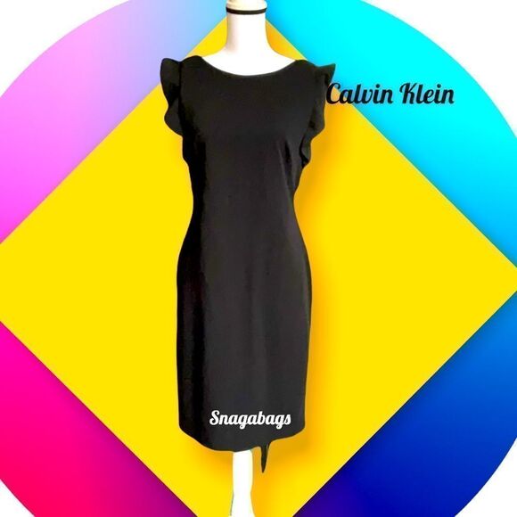 CALVIN KLEIN NWT FLUTTER SLEEVES SHEATH DRESS BLACK SIZE 10 - Picture 1 of 9